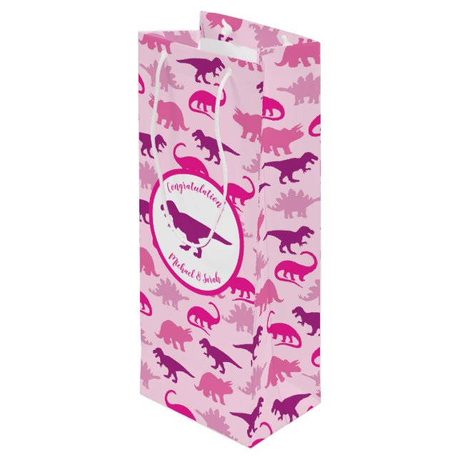 Pink Dinosaur Baby Shower Wine Gift Bag (Back Angled)