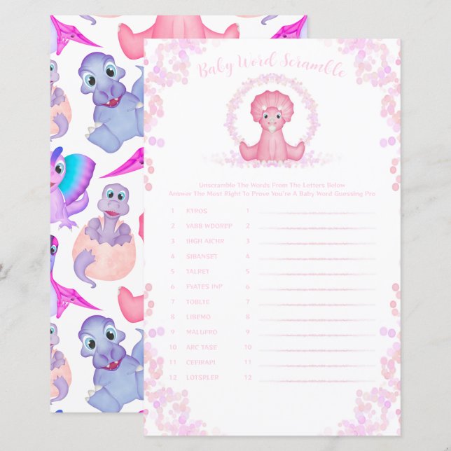 Pink Dinosaur Baby Word Scramble Baby Shower Game (Front/Back)
