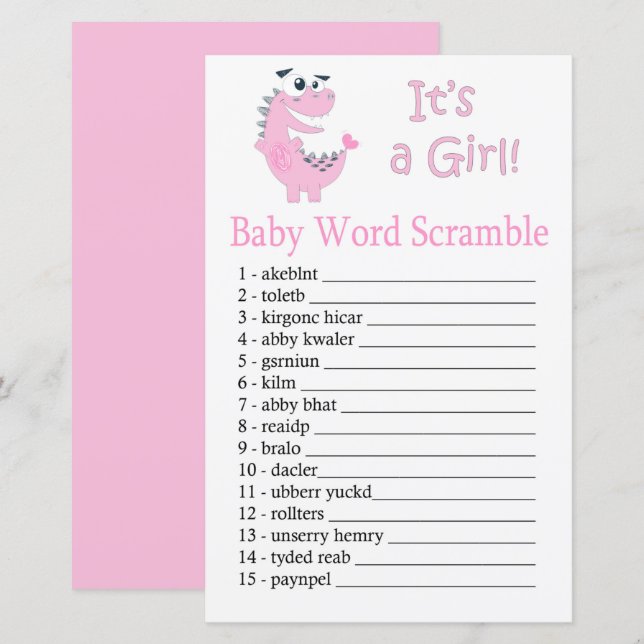Pink Dinosaur Baby word scramble game (Front/Back)