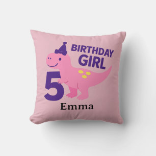 Pink Dinosaur Birthday Girl - Age 5 Celebration Throw Pillow