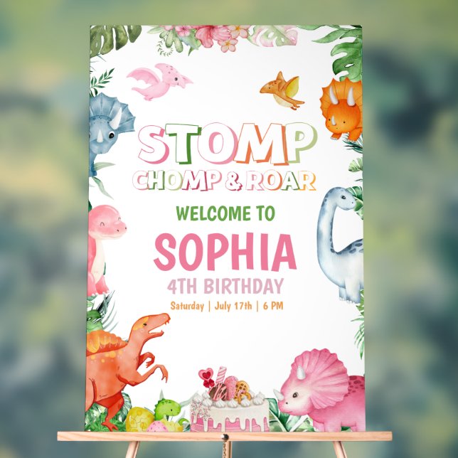Pink Dinosaur Birthday Invitation Girl Dinosaur  Acrylic Sign (Neutral)