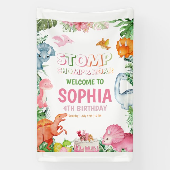 Pink Dinosaur Birthday Invitation Girl Dinosaur  Banner (Vertical)