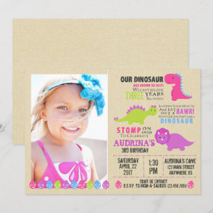Pink Dinosaur Birthday Invitation Girl Dinosaurs