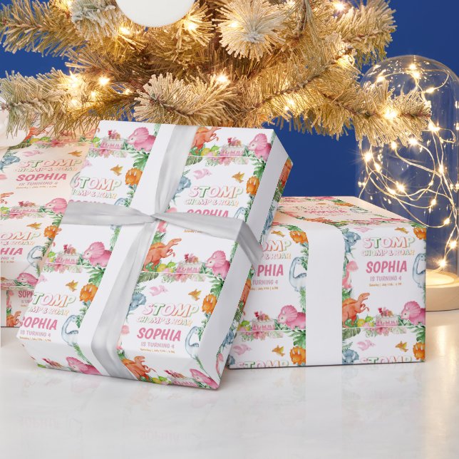 Pink Dinosaur Birthday Party, Girls Dinosaur party Wrapping Paper (Holidays)