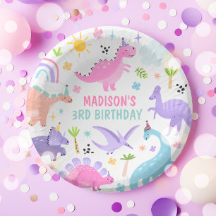 Pink Dinosaur Birthday Party Paper Plate