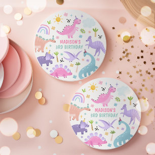 Pink Dinosaur Birthday Party Round Paper Coaster