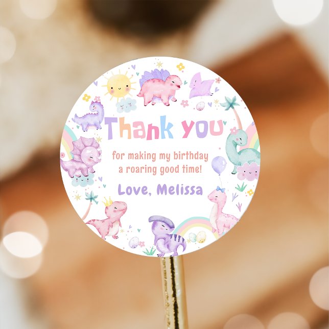 Pink Dinosaur Birthday Party Thank You Classic Round Sticker (Creator Uploaded)