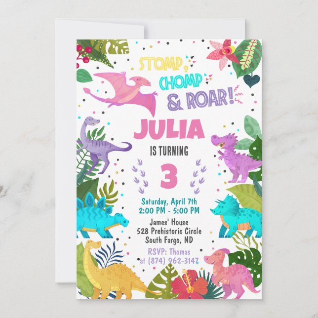 Pink Dinosaur Girl Invitation (Front)