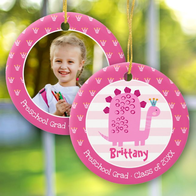 Pink Dinosaur Girl Preschool Graduation Keepsake Ceramic Ornament (Creator Uploaded)