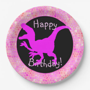 Pink Dinosaur Hide Happy Birthday! Paper Plate