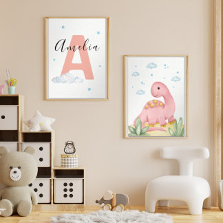 Pink Dinosaur Nursery Wall Art Set of 2 Print Set