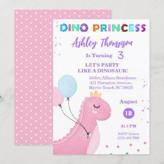  Pink Dinosaur Princess Girls TRex Birthday Party  Invitation