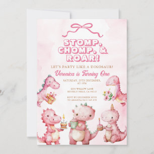 Pink Dinosaur Stomp Chomp Roar 1st Birthday  Invitation