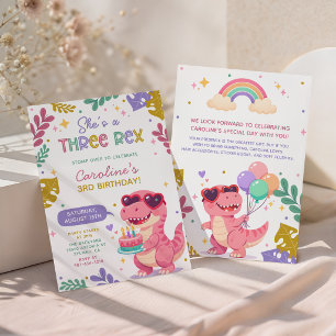Pink Dinosaur Three Rex Girl Birthday Party Invitation