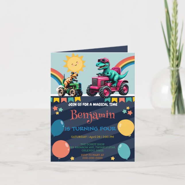 Pink dinosaur tractor truck rainbow Birthday boy Invitation (Front)