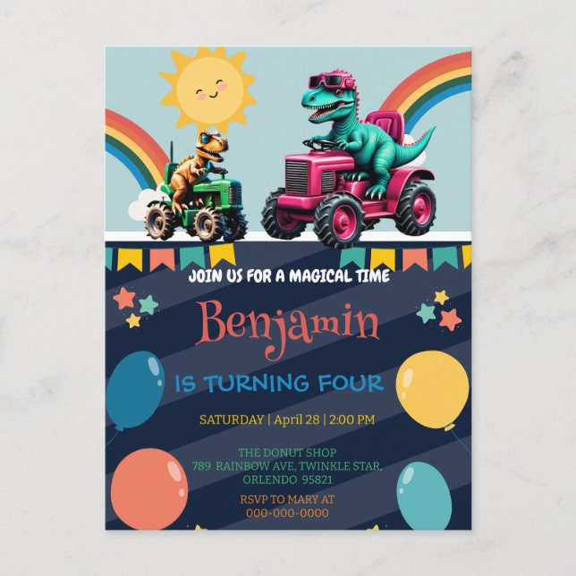 Pink dinosaur tractor truck rainbow Birthday boy Postcard (Front)