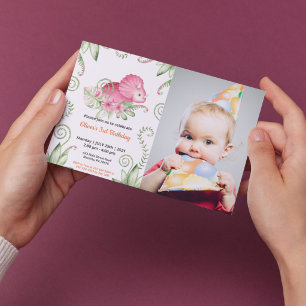 Pink Dinosaur Watercolor Girl Birthday Photo Invitation