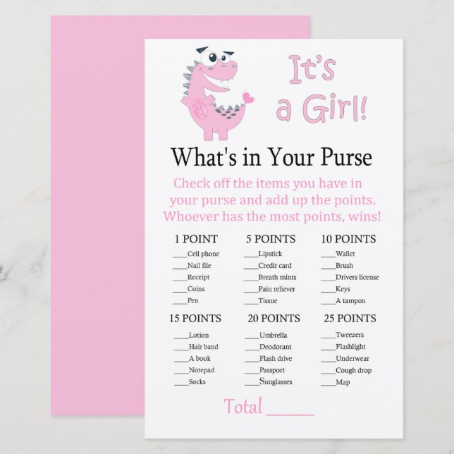 Pink Dinosaur What's in your purse game (Front/Back)