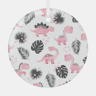 Pink Dinosaurs: Cute Kids Pattern. Glass Ornament