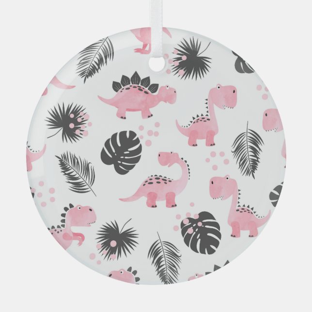 Pink Dinosaurs: Cute Kids Pattern. Glass Ornament (Front)