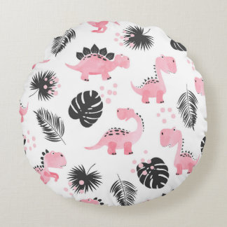 Pink Dinosaurs: Cute Kids Pattern. Round Pillow