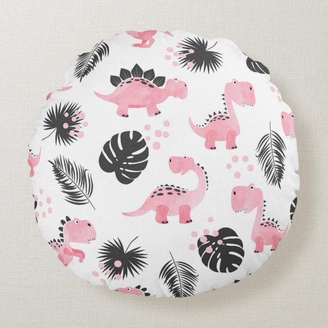 Pink Dinosaurs: Cute Kids Pattern. Round Pillow (Front)