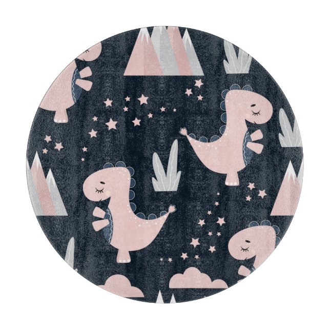 Pink dinosaurs, dark background, cute cutting board (Front)