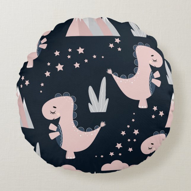Pink dinosaurs, dark background, cute round pillow (Front)