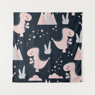 Pink dinosaurs, dark background, cute tapestry