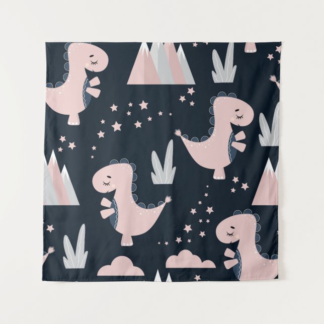 Pink dinosaurs, dark background, cute tapestry (Front)