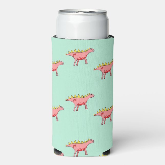 Pink dinosaurs on blue seltzer can cooler (Seltzer Front)