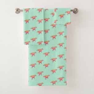 Pink dinosaurs pattern on pale blue bath towel set