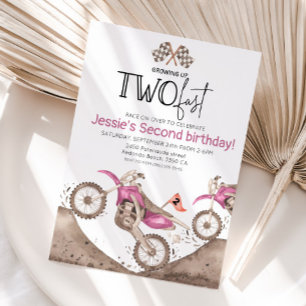 Pink Dirt Bike 2nd birthday - Growing up two fast Invitation
