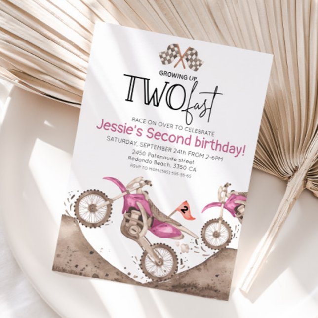 Pink Dirt Bike 2nd birthday - Growing up two fast Invitation (pink dirt bike growing up two fast birthday invitation)