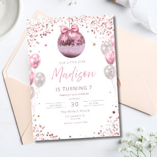 Pink Disco Ball Birthday Party Girls Sparkle Bow Invitation