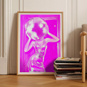 Pink Disco Ball Girl Head Poster, Girly Dorm Room  Poster