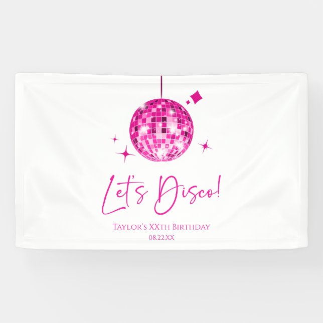 Pink Disco Ball Let's Disco Birthday Party Banner (Horizontal)
