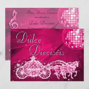 Pink Disco Ball, Princess Coach & Horses Sweet 16 Invitation