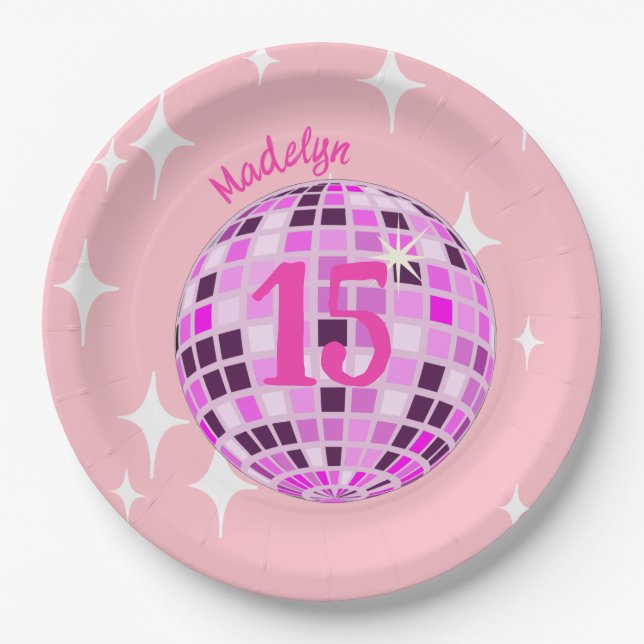 Pink Disco Ball Sweet Fifteen 15th Birthday Paper Plate (Front)