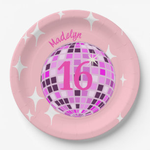 Pink Disco Ball Sweet Sixteen 16th Birthday Paper Plate