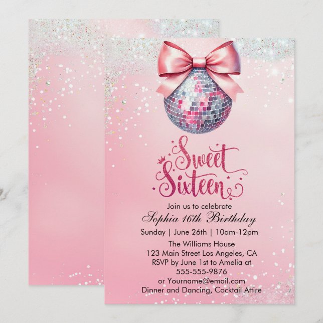 Pink Disco Ball Sweet Sixteen  Invitation (Front/Back)