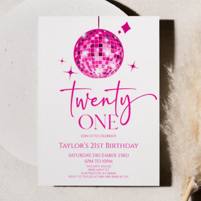 Pink Disco Ball Twenty One 21st Birthday Party Invitation (Creator Uploaded)