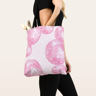 Pink Disco Balls and White Stars, Girly Retro Tote Bag