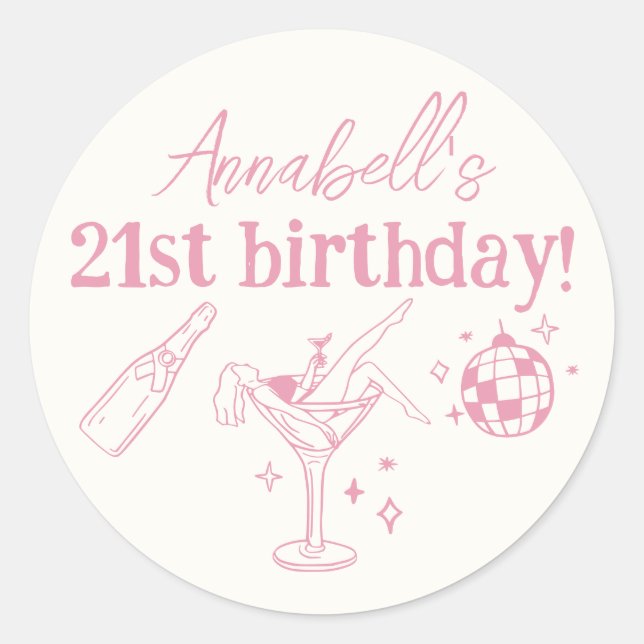Pink Disco Birthday Party Modern Hand Drawn Doodle Classic Round Sticker (Front)