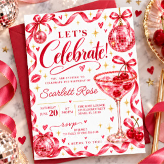 Pink Disco Cherry Cocktail Coquette Birthday Invitation