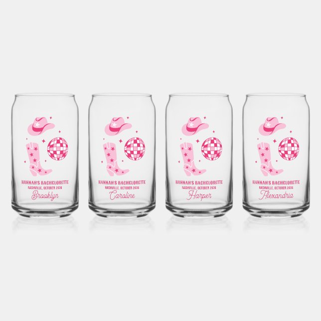 Pink Disco Cowgirl Bachelorette Party Favour Glass (Front)