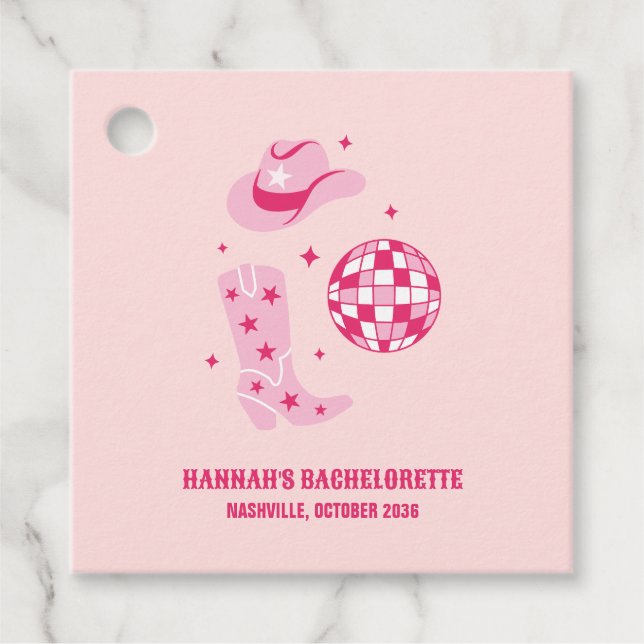 Pink Disco Cowgirl Bachelorette Party Favour Tag (Front)