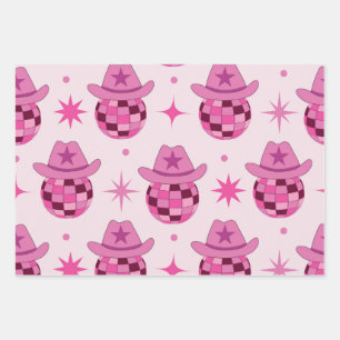Pink Disco Cowgirl Hat Pattern with Stars Wrapping Paper Sheet