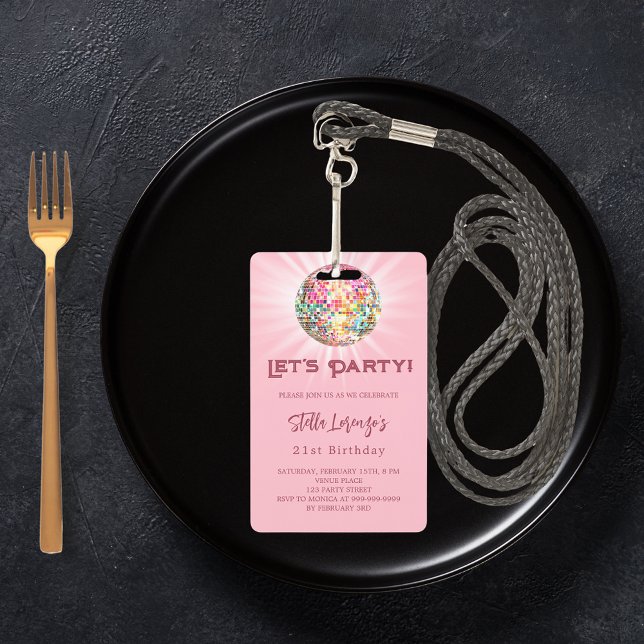 Pink disco party birthday invitation badge (Creator Uploaded)