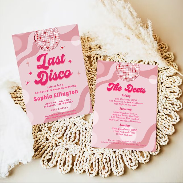 Pink Disco Retro Bachelorette Weekend Itinerary  Invitation (Creator Uploaded)